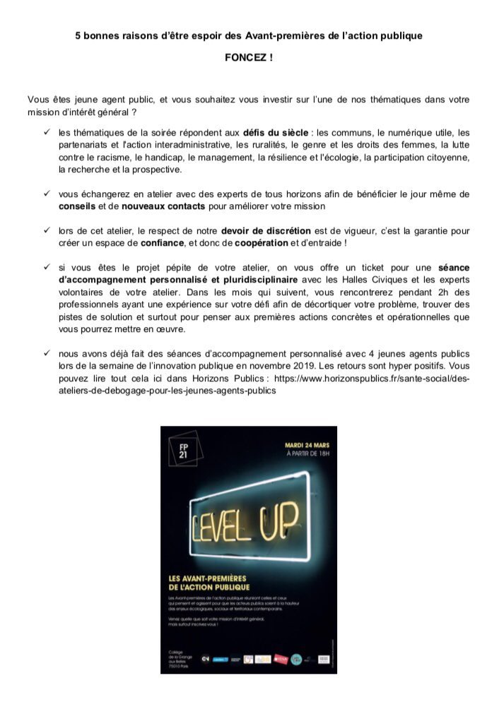 AssoFP21's tweet photo. 📣📣Jeune agent public 👨🏾‍🏫👩🏼‍💻👩🏿‍✈️👷🏼‍♂️👩🏽‍🎨👨🏼‍🍳👩🏾‍🎓👩🏽‍🔧

Les Avants-premières de l’action publique sont faites par et pour vous !

Vous aussi soyez espoir : https://t.co/J3TjeWRDGV

👇 5 bonnes raisons de s’inscrire
👇 Le vrai et le faux sur votre inscription
👇 Des exemples de projets déposés https://t.co/nAm9fpiyuW