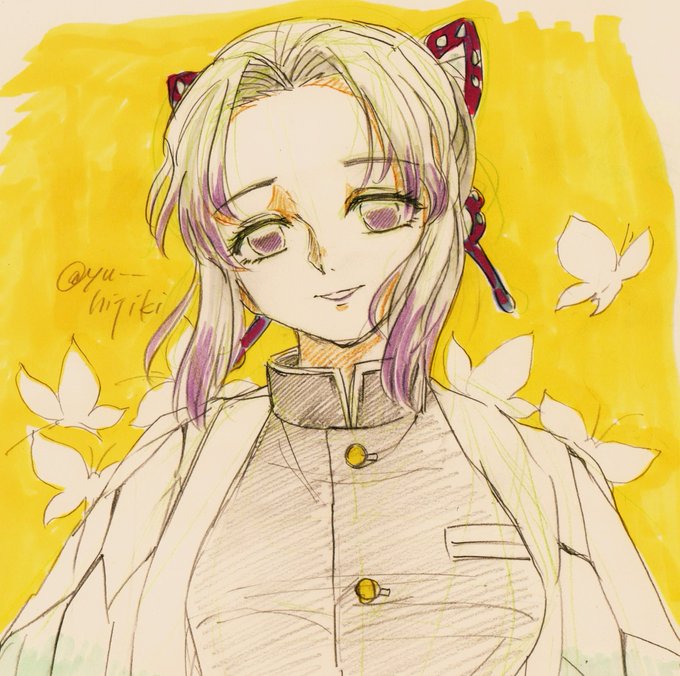 まめさんがTwitterに投稿した胡蝶しのぶ(鬼滅の刃)のイラスト。