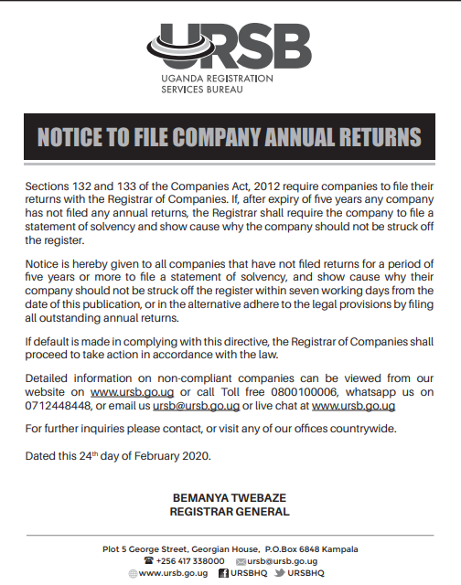 Good morning Uganda.

Look out for today's <a href="/DailyMonitor/">Daily Monitor</a> on page 5 and learn why all companies need to file annual returns.