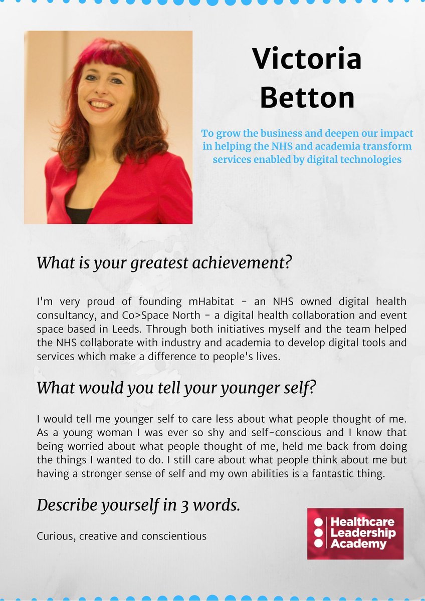 Day 87 of 100 - Victoria Betton
Founder of mHabitat and Co>Space North - a digital health collaboration and event space based in Leeds.

@VictoriaBetton

@WomeninHL @HLA_int 
#100WP #liftasyouclimb