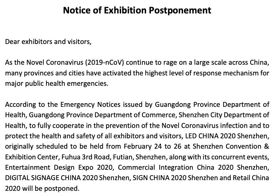 EsdlumenLED's tweet photo. #LEDChina #InfoCommBeijing
Dear clients, both of the LED China 2020 and Beijing InfoComm 2020 were postponed. The new dates for the exhibitions need to wait for the notification. You can visit the official site of the two exhibitions for more information. https://t.co/9GpEgHxa6U