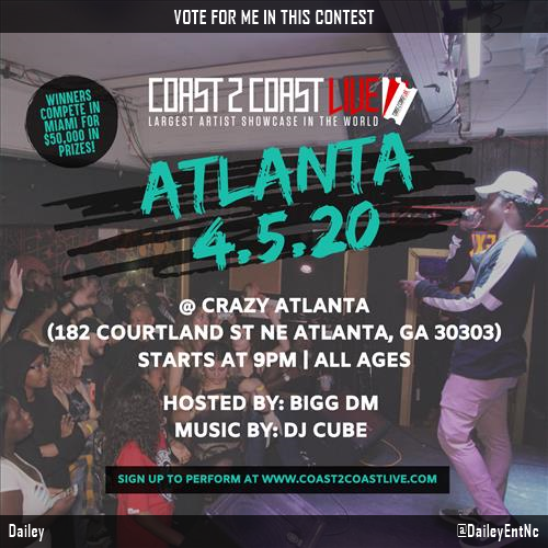 DaileyEntNC's tweet image. Just voted for @DaileyEntNc to perform for $50K Prize at #Atlanta All Ages 4/5/20! c2c.fm/Xo2x9T #Coast2Coast