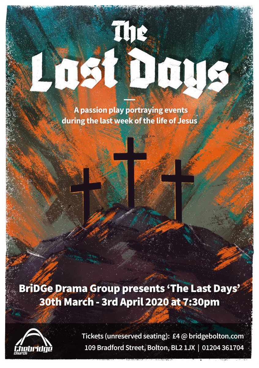 5 weeks to go to the first night of The Last Days - Have you got your tickets? Tickets can be booked by following the link: bridgebolton.churchsuite.co.uk/events/y7r4gzbx