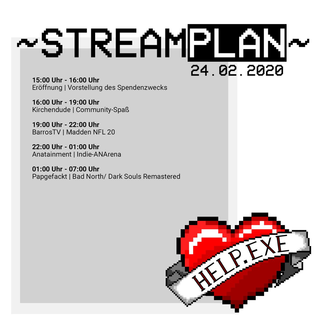 Nur noch wenige Stunde bis es endlich wieder los geht. Ab 15 Uhr startet unser Programm und damit ihr wisst was euch heute alles erwartet kommt hier der Tagesplan. twitch.tv/helpdotexe #helpdotexe <a href="/Barros_TV/">Barros</a> <a href="/Kirchendude/">Hanno Rother</a> @Gruener_Hase @GiftZwergrapper