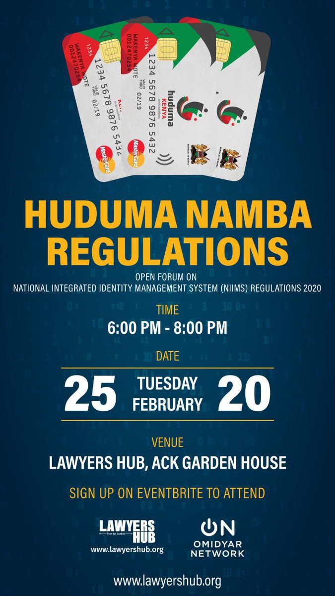 lawyershubHQ's tweet image. Welcome to Lawyers Hub this Tuesday evening to discuss the regulations following the Kenya Government&apos;s call for public participation. Get your voice heard, engage in public policy!
Registration link below.
eventbrite.com/e/huduma-namba…
#AfricaLawTech #GLH2020 #Tech4policy