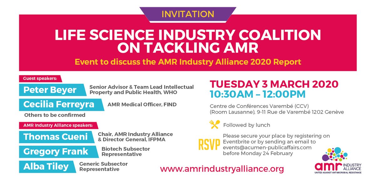 Mark your calendar for March 3! We have lined up exciting speakers who will discuss the findings from our latest report and the necessary next steps to combat #AntimicrobialResistance. 

#AMR2020 

Final day for registration ➡️ bit.ly/31OQTHV