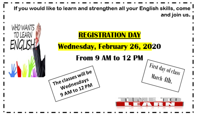 chestitans's tweet photo. If your or someone you know would like to sign up for English Classes please come Wednesday between 9am and 12 pm https://t.co/XDWKlvcP2P