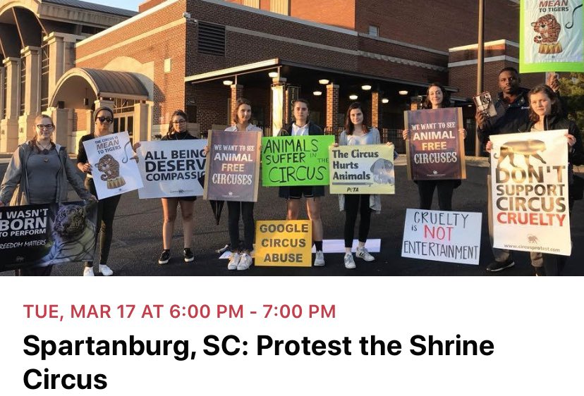 CircusProtest's tweet image. #SouthCarolina - protest the cruel Shrine #circus in March! #Spartanburg  #animals 🐘🐅 facebook.com/events/s/spart…