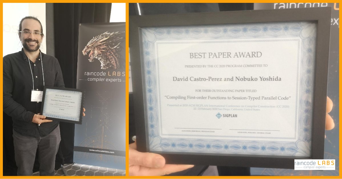 RaincodeLabs's tweet image. Congratulations to David Castro and Nobuko Yoshida of @imperialcollege on winning this year's best paper award!  🥳 @cc2020conf