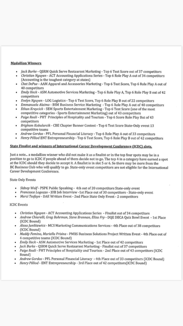 Congratulations to all BC students who competed at the DECA States Career Development Conference (SCDC) in Hershey last week &amp; especially to the following winners.  Most importantly thank you for making us proud by representing yourself &amp; the BC Business Club w/the utmost class!