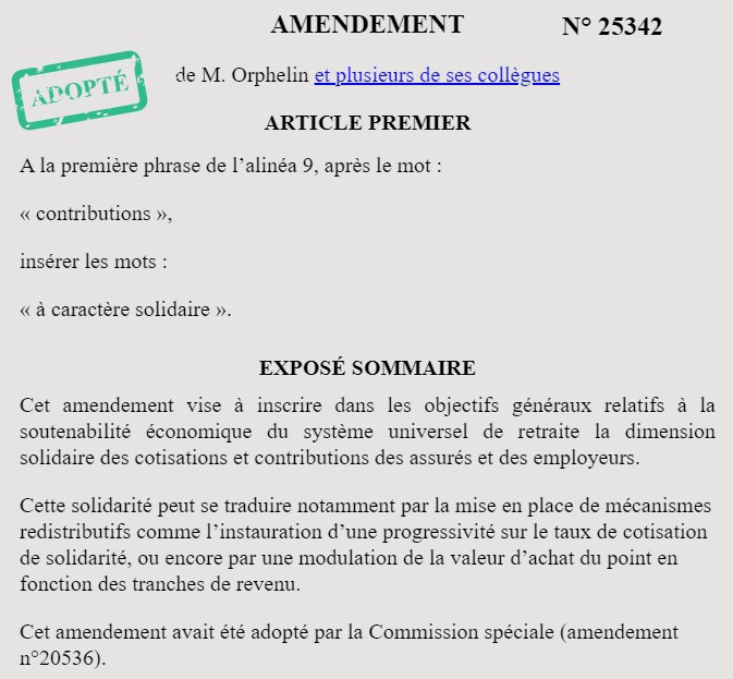 ✅ 4 (!) amendements adoptés en 8 jours sur la #reformedesretraites dont le notre 
➡️Un 1er pas vers la mobilisation des hauts revenus pour financer la solidarité, en instaurant un barème progressif (une alternative possible à l'âge pivot pour équilibrer le système)
#DirectAN