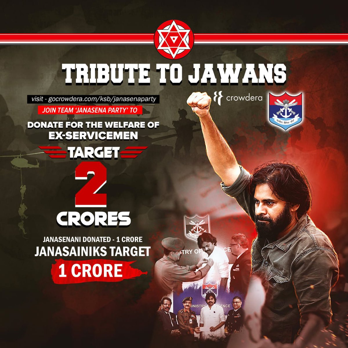 AerraAshok's tweet photo. Team 'JanaSena Party' on 'Crowdera', a fundraising website, sets a goal of donating Rs.2 crores to #KSBSectt for the welfare of ex-servicemen & their dependents, out of which Sri #PawanKalyan garu has already donated Rs.1 crore.
Donate now: https://t.co/TBGy6LLqXK https://t.co/DiCKqwUvKO