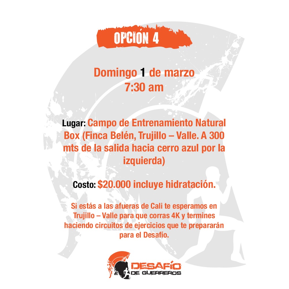 GUERREROS DE LOS ALREDEDORES DE CALI📢 Este domingo tendremos un entrenamiento que los pondrá en forma para el Desafío. Carrera de 4K con circuito de obstáculos al final. Inscríbete aquí: registro.desafiodeguerreros.com/app/registrati…  #FelizLunesATodos