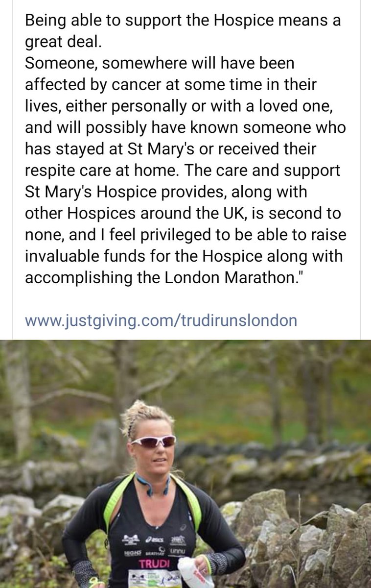 So pleased to be able to support such an amazing, local charity! 

#stmaryshospice #hospice #ulverston #Cumbria #LakeDistrict #londonmarathon #marathon

justgiving.com/trudirunslondon