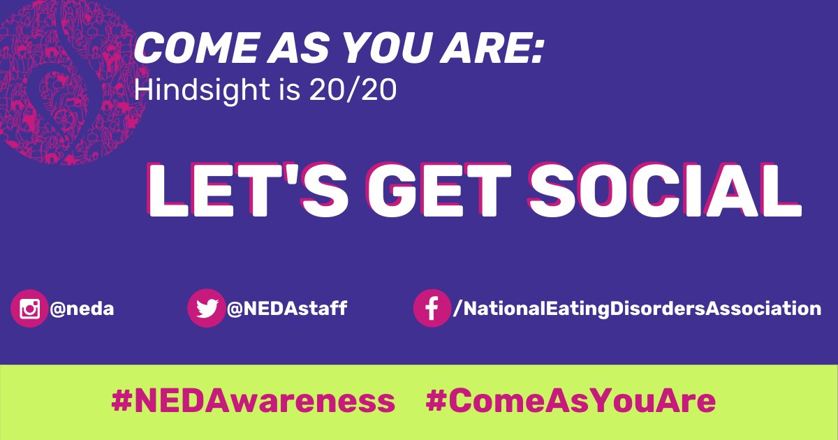 NEDAstaff's tweet image. Come as You Are and join the NEDAwareness Week conversation on social media. Don’t forget to use the official campaign hashtags — #NEDAwareness &amp;amp; #ComeAsYouAre — and follow NEDA on Facebook, Twitter, &amp;amp; Instagram! 

➡️ Social media graphics &amp;amp; messaging: nationaleatingdisorders.org/get-involved/n…