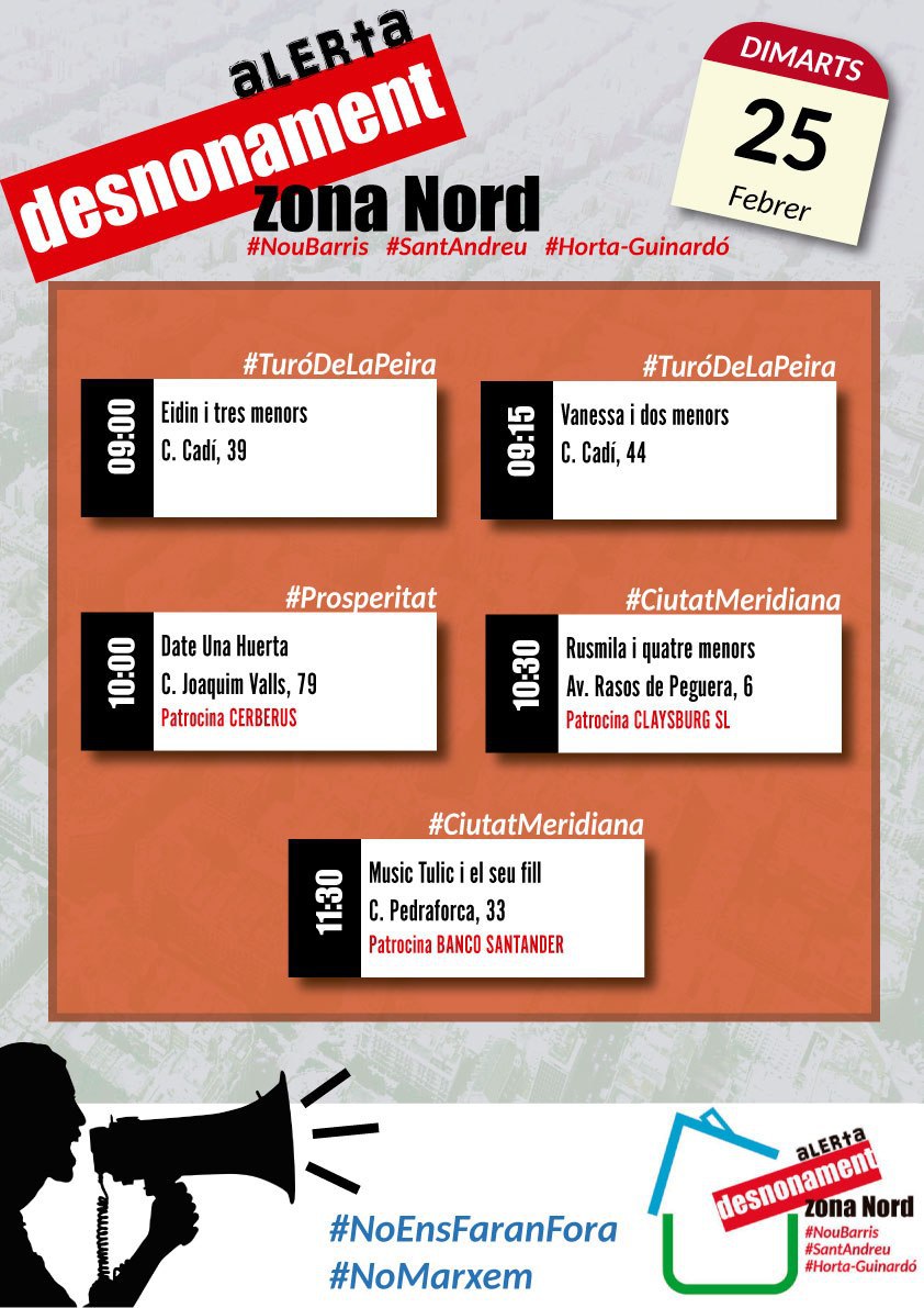 🔊 #AlertaDesnonament 🔊

📅  DIMARTS 24/02 #24F #TuródelaPeira
📌 Llocs:
Cadi, 39
Cadi, 44
⏰ Hores:
09:00h
09:15h
🚇 <M> 
L5 Vilapicina
✊ Convoca: 500x20 El Lloguer Públic i Assequible. 

Atentes també a els desnonaments de <a href="/avvcmeridiana/">AVV de Ciutat Meridiana</a> i #dateunahuerta 
#NoEnsFaranFora