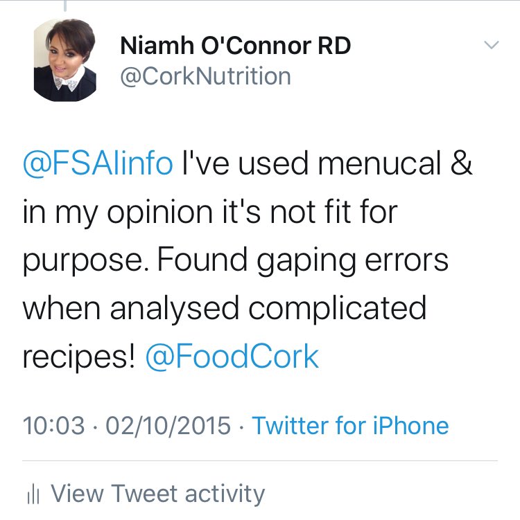 CorkNutrition's tweet photo. In 2015 I stated that #MenuCal, the free platform for calculating calories, designed by the Food Safety Authority of Ireland, was not for for purpose. 5 years later they realise that!
If the calculations aren’t accurate, then there’s no point whatsoever in #caloriesonmenus https://t.co/MX9G7uIt35