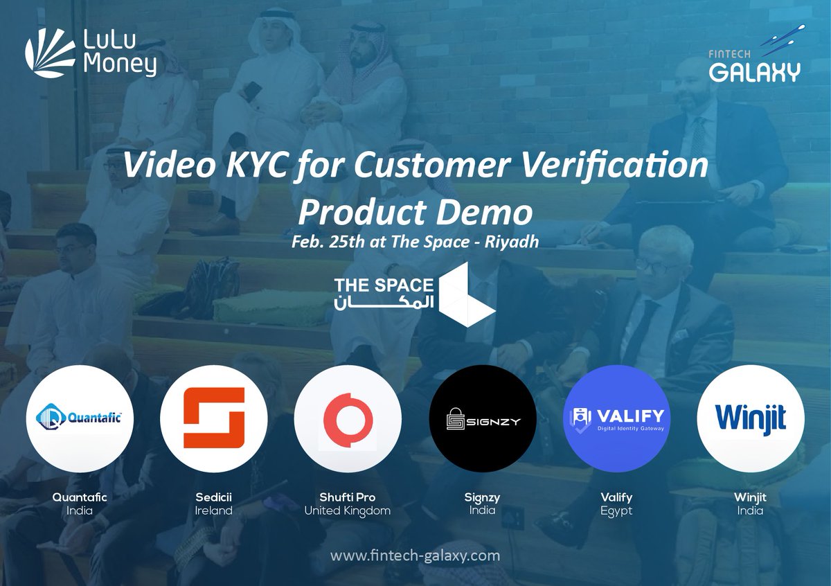 FintechGalaxy's tweet photo. Lulu Money’s Video KYC for Customer Verification product demo day hosted by @TheSpaceKSA!
#MEFTECH #Fintech #Fintechgalaxy #VideoKYC #innovation @LuLuExchange @MirnaSleiman @Quantafic2014 @TeamSignzy @GBRSedicii #Valify @WinjitTech @Oshabaan https://t.co/4Y1FFT1GRt