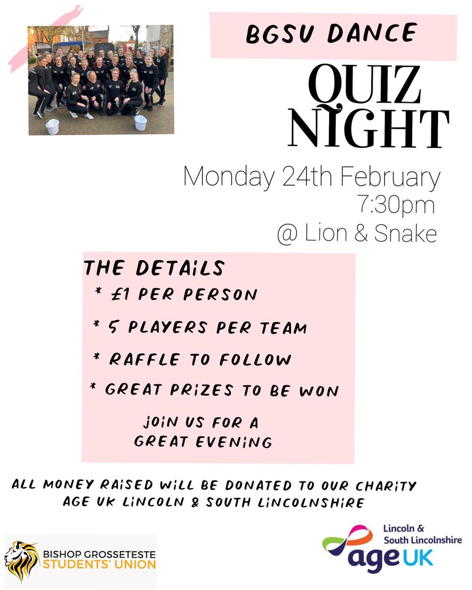 BGSUDance's tweet photo. Tonight’s the night! It’s Quiz Night! Get yourself down to Lion and Snake at 7:30 for a chance to win some great prizes! You may even be lucky to win something on our raffle! It will be £1 for a strip of tickets or £2 for 3 strips! Hope to see you all there 💜 https://t.co/A4kkTB0Z7I