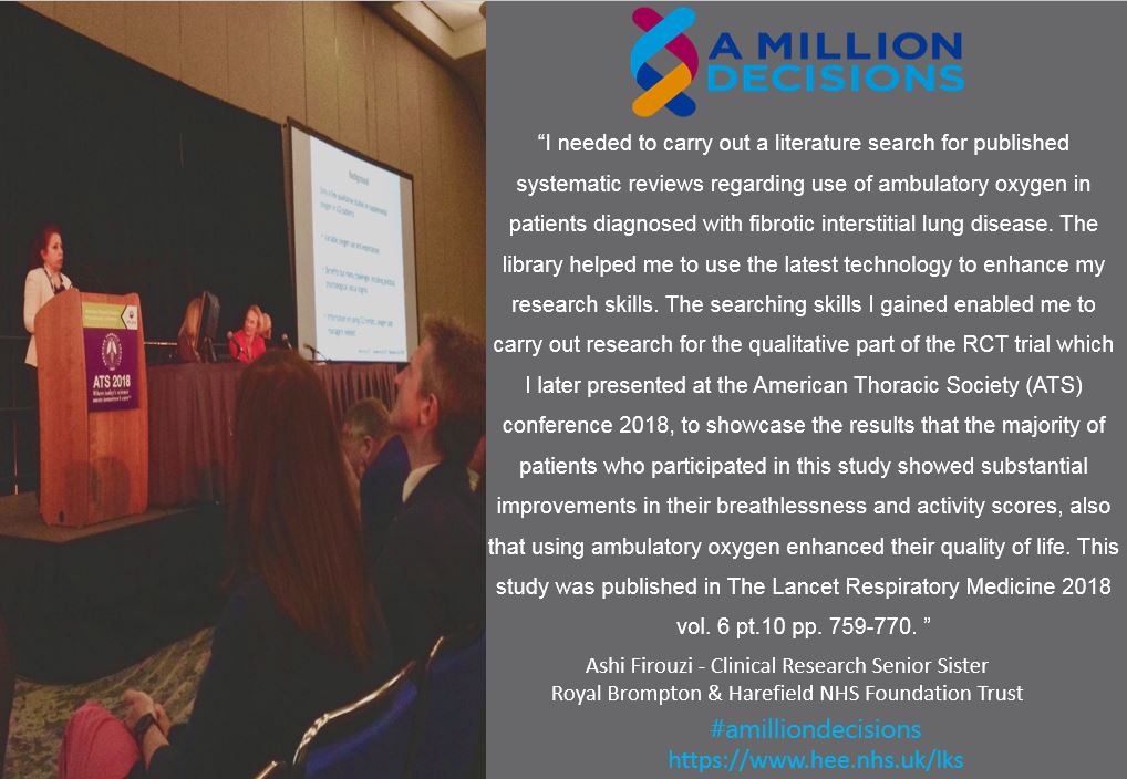 RBandH_Library's tweet photo. #AMillionDecisions #HEELKS #HealthLibraries Database search training helped me to carry out qualitative research for an RCT which I later presented at #ATS2018 and was subsequently published @LancetRespirMed - Ashi Firouzi @ashifirouzi Clinical Research Senior Sister @RBandH #NHS https://t.co/Rhzh9NFk1c