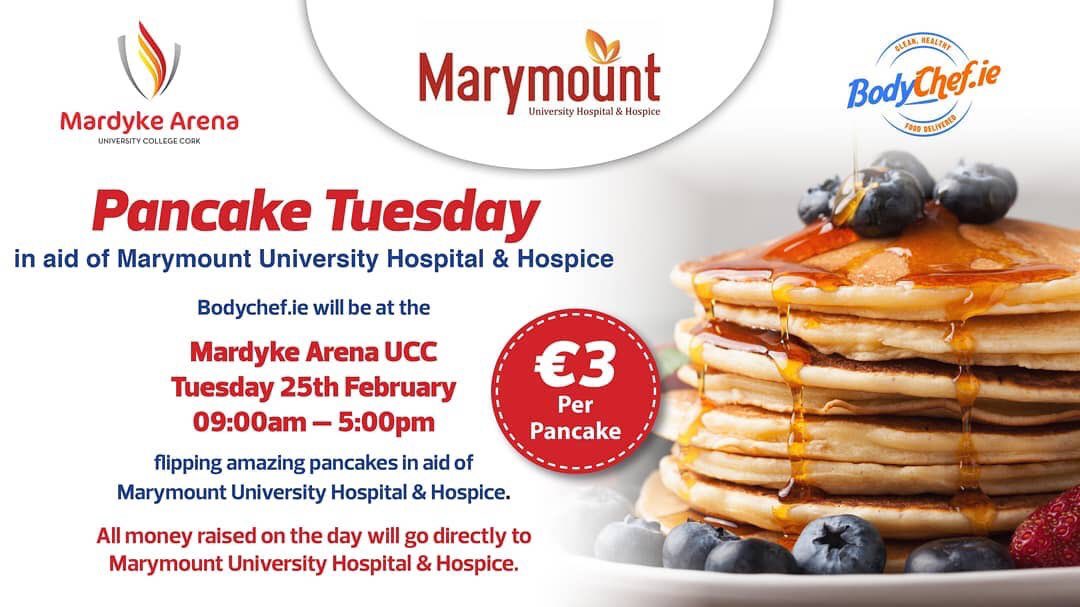 Pop down to us at the <a href="/MardykeArenaUCC/">MardykeArenaUCC</a> tomorrow for PANCAKE TUESDAY – Bodychef.ie will be here with pancakes galore.
 
All money raised on the day will go directly to <a href="/marymountcork/">Marymount Hospice</a>