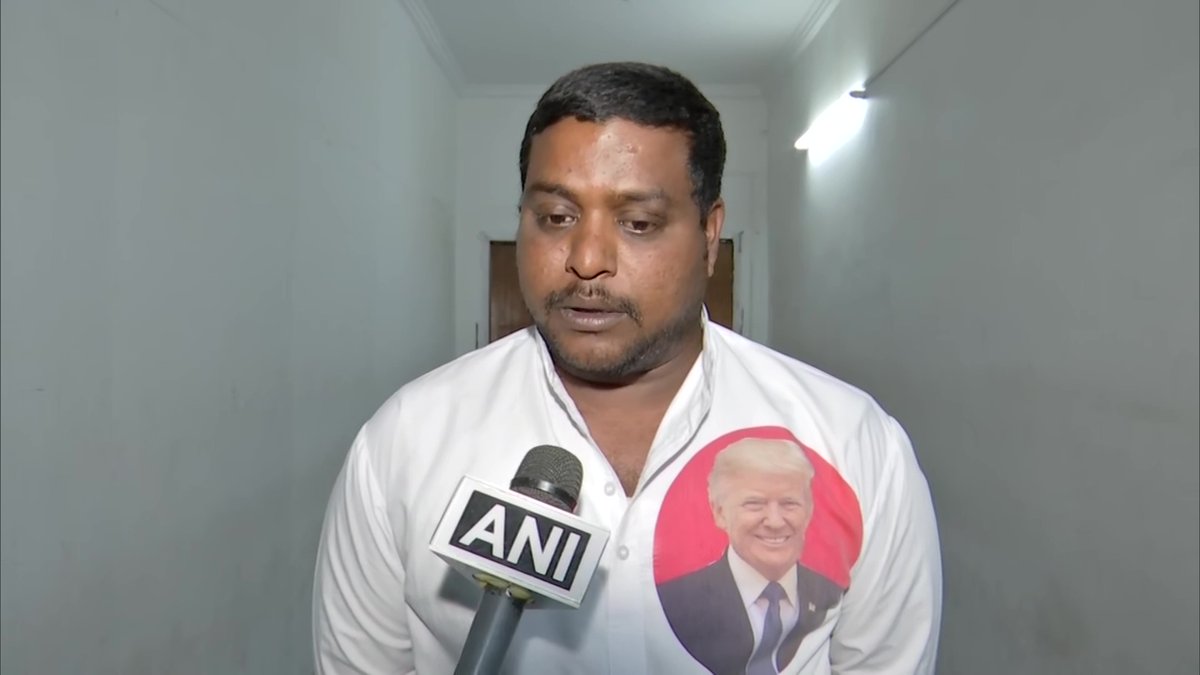 ANI's tweet photo. Bussa Krishna, who installed a 6-feet statue of US President Donald Trump last year &amp; worships him: I'm feeling proud as my God has come to India. I worship Trump as God and believe that I shall meet him soon. He has played a major role in fight against terrorism. #Telangana https://t.co/XaOLDw808m