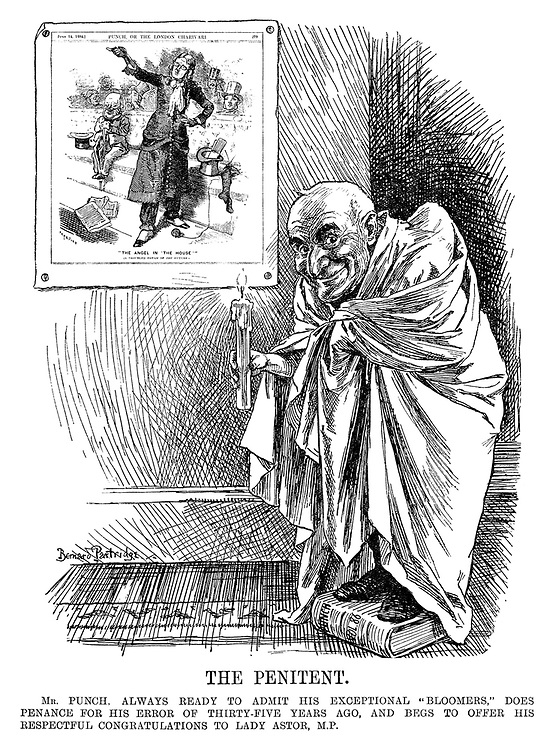 Astor's speech and election were well-received:  @thetimes reported that “Lady Astor proved that women have much of value to give to the debates of the House”, while the satirical magazine Punch had previously published a cartoon apologising for its earlier anti-suffragism. (6/7)