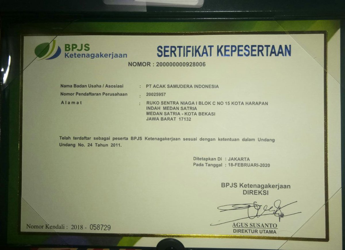 AcakPt's tweet photo. PT Acak Samudera Indonesia terdaftar secara resmi sebagai peserta BPJS Ketenagakerjaan sesuai Undang Undang Nomor 24 Tahun 2011. 

#legalagency 
#bussinessmarine
#bpjsketenagakerjaan
#manningagency
#siuppak
#seafarers
#seaman https://t.co/SYW2RsDyjR