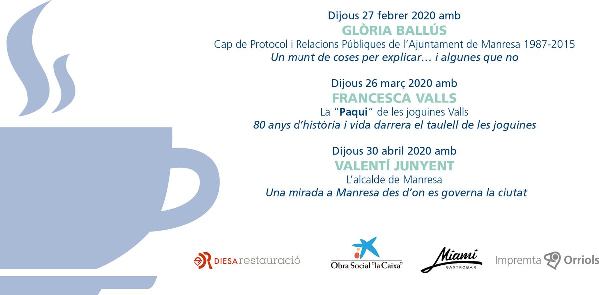 menjaribeure's tweet photo. Aquest dijous tornen les converses a l'hora del cafè al #restaurant Miami organitzades per l'@alzheimerafabbs amb el suport de Diesa Restauració. En aquesta ocasió, la convidada és Glòria Ballús, que va ser cap de Protocol de l'Ajuntament de Manresa entre els anys 1987 i 2015 https://t.co/evvNb8py33