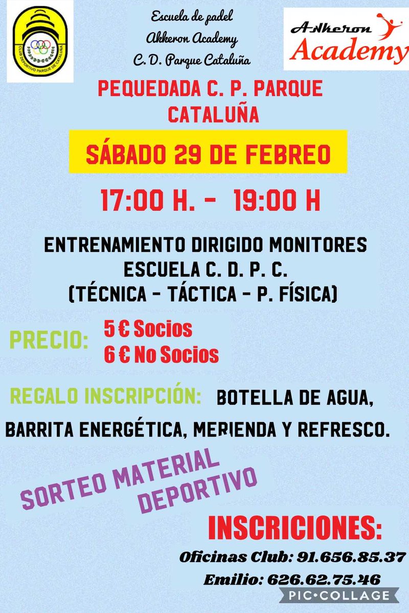 SABADO 29 DE FEBRERO DE 2020 De 17:00 a 19:00 H.
Entrenamiento dirigido por Monitores del CDPC.
Regalo Inscripción: Botella de Agua, Barrita Energética, Merienda y Refresco.
Precio Socios: 5,00 €
Precio No Socios: 6,00 €