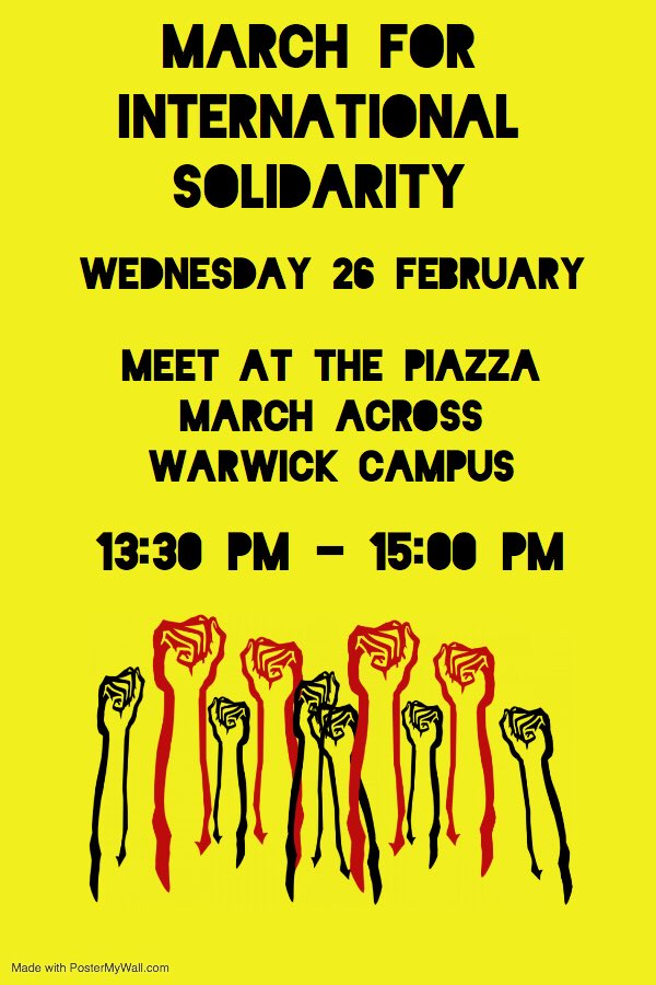 WarwickAntiCas's tweet photo. We’re marching in #solidarity with liberation and freedom struggles across the globe! Join us to protest the #HostileEnvironment #Modi #Bolsanero #Imperialsim #Apartheid ... right after the #UCUstrike picket in Warwick campus! https://t.co/7U8F8430n4 https://t.co/YwY51CcJZc