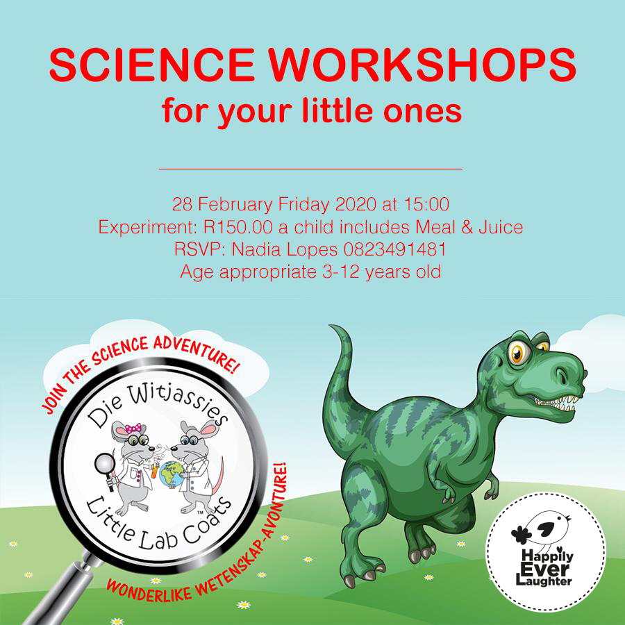 happilylaughter's tweet photo. Join the science adventure with Little Lab Coats
on Friday 28 February at 3pm at #HappilyEverLaughter! 

R150 per child includes meal &amp; juice.
RSVP Nadia on 082 349 1481
*age appropriate 3 - 12 years

#Jozikids #Bedfordview #KidsWorkshop https://t.co/psprunXK7E