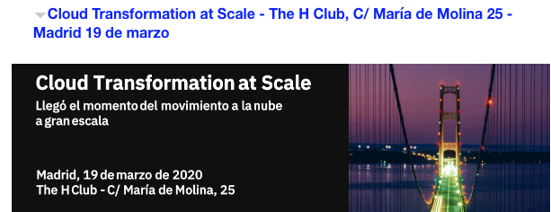 El próximo 19 de marzo celebraremos Cloud Transformation <a href="/Scale/">Scale</a>, para romper las barreras de la adopción Cloud a gran escala. 
cutt.ly/ur9rWV5