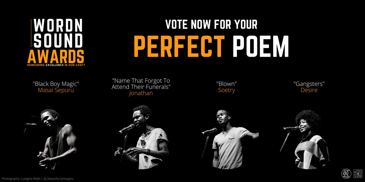 WordNSound's tweet photo. CONGRATULATIONS to @noxolodesire @Masai_Sepuru @Greengo_lee &amp; @soetry_sa, your poems have been nominated for a #PerfectPoemAward. Voting is open: https://t.co/XlR6G3dBOM

See you at the #WNSAwards this Saturday. https://t.co/aTNmnHRc37
