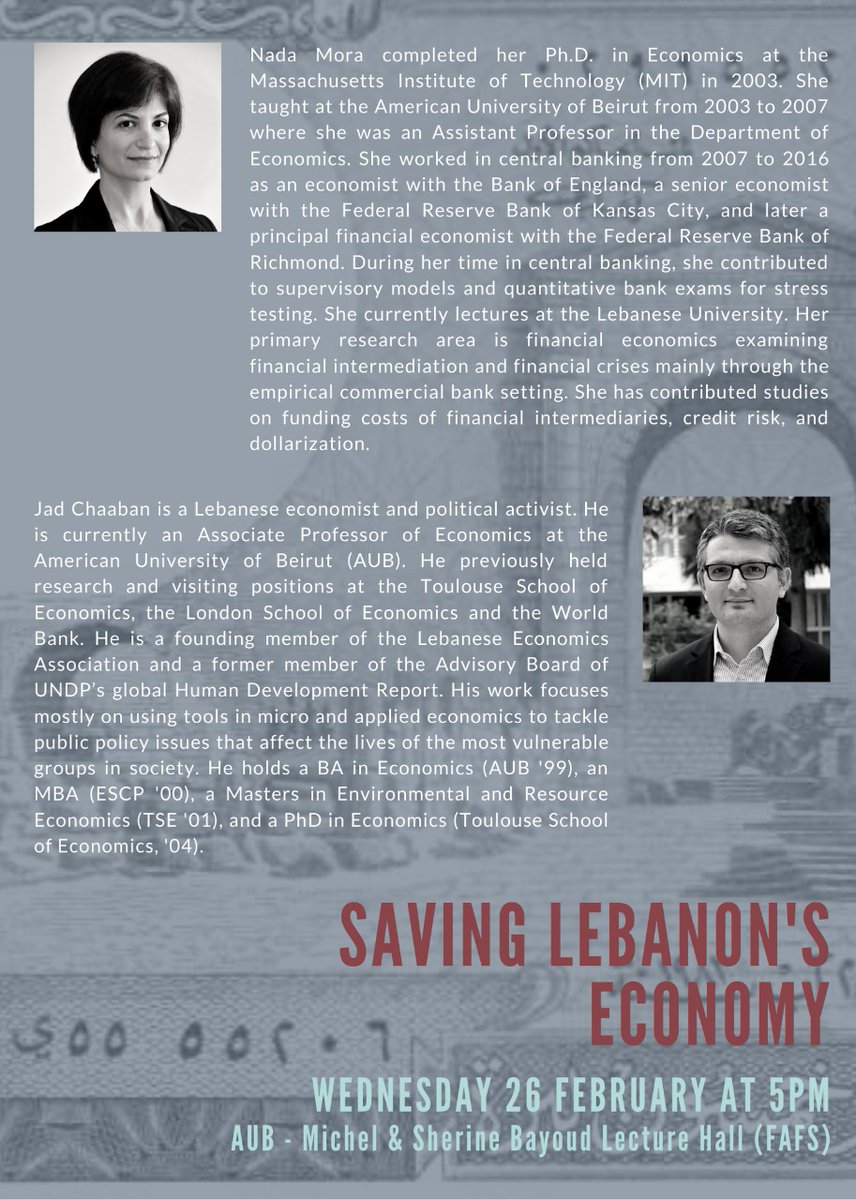 How do we save Lebanon's economy? Join us for a public seminar and discussion at AUB on Wednesday to learn more about softening the blow of the ongoing financial crisis and restarting the local economy. 

If you can't make it, tune in to our social media for live coverage. #لبنان