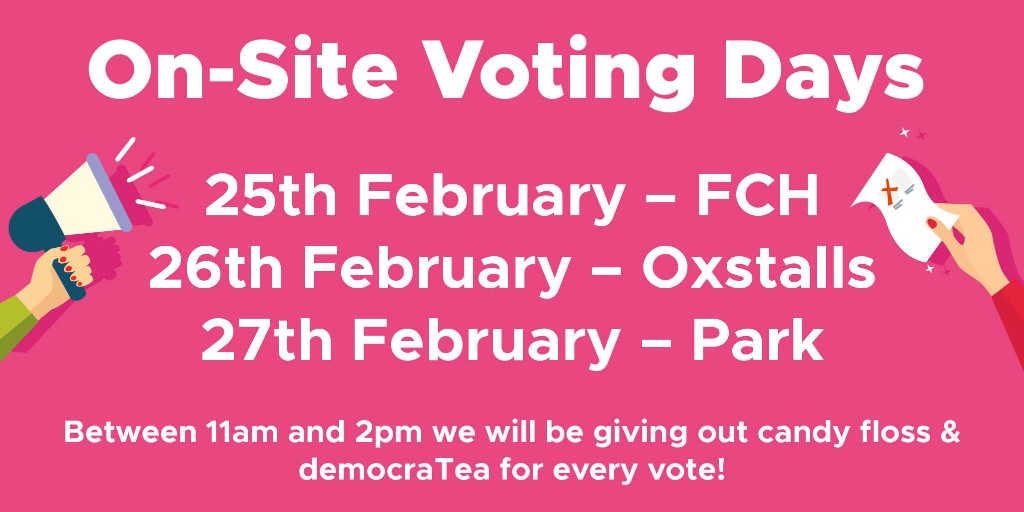 uogstudentunion's tweet photo. On-site voting days commence tomorrow📣 Have your say on campus and grab some candy floss at the same time🍭 Alternatively, you can cast your vote on the SU website until 3pm, on Feb 28th⏰💻 https://t.co/TqFysD9PsA https://t.co/0oiohenfvN