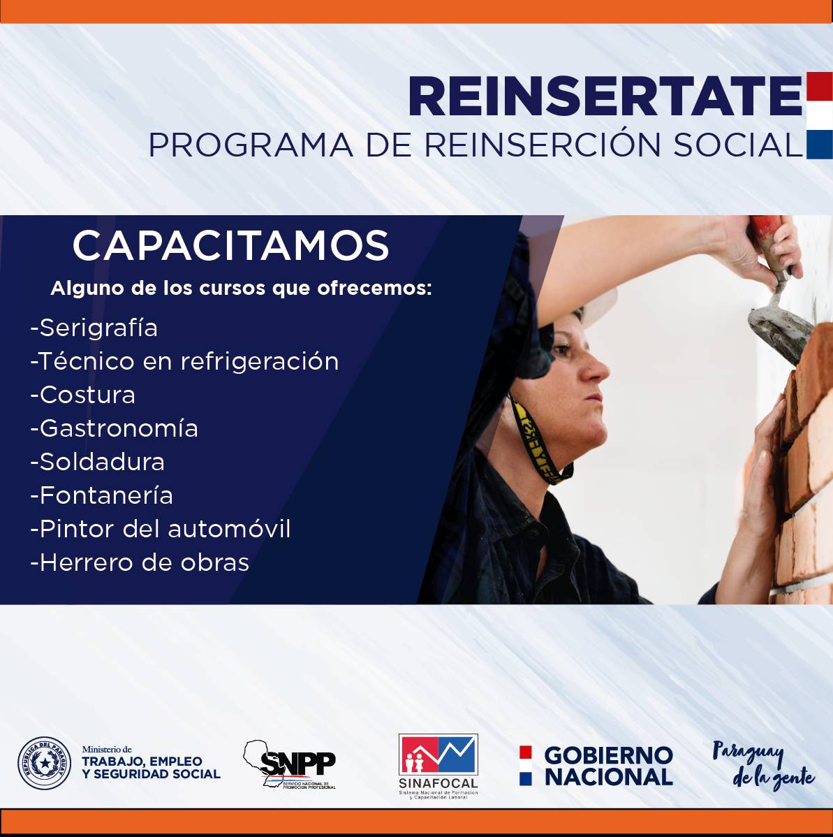 MTESS_PY's tweet photo. 👩🏭👩🍳El Ministerio de Trabajo ofrece sus servicios mediante el Programa de Reinserción Social "Reinsertate".🙌 Estos son nuestros servicios:
#TrabajaPy
#ÑambaapoPy https://t.co/51Pm5H0rpm