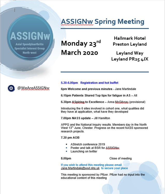WeAreASSIGNw's tweet photo. Our first meet of 2020. Please do let Jane know if you are planning to attend. All healthcare professionals working with AS (axial spondyloarthritis / ankylosing spondylitis) are welcome. Should be a great meeting! https://t.co/GDGMvJcHXU