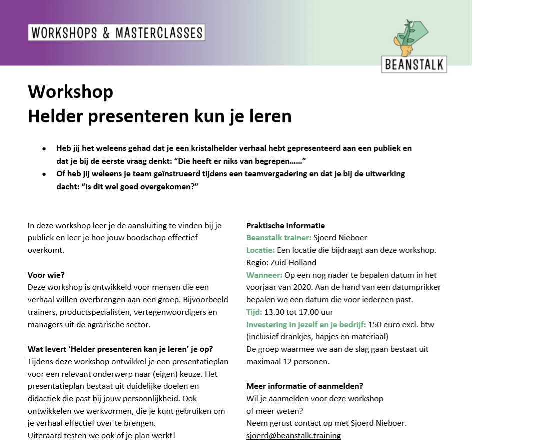 Sjoerdnieboer's tweet photo. Wil jij werken aan je presentaties? Met de workshop 'Helder presenteren kun je leren' richten we ons op werkvormen en didactiek om jouw verhaal kracht bij te zetten. krijg de tools om jouw doelen bij je publiek te behalen. 
 
Meld je aan om een datumprikker te ontvangen. https://t.co/8qlRYS29Y2