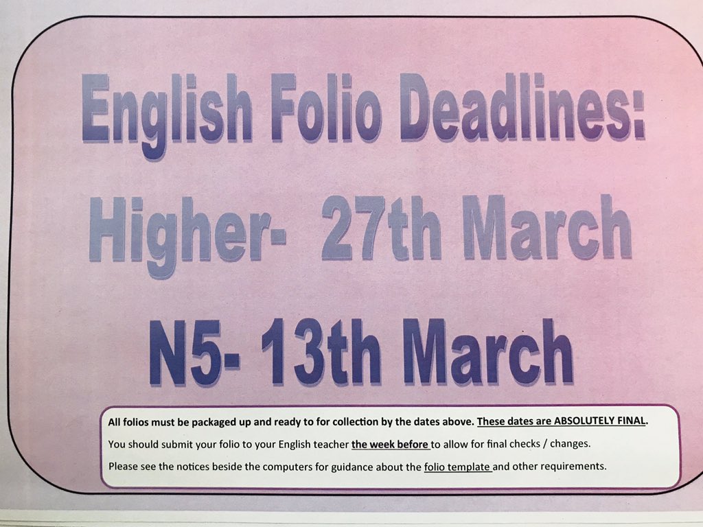 MrsGPorteous's tweet photo. 📆Folio Deadlines N5/ Higher. 
📆These dates are absolutely final. 

➡️Please submit your folio, in the template, THE WEEK BEFORE if possible. Thank you. https://t.co/nA5xBNjhWp