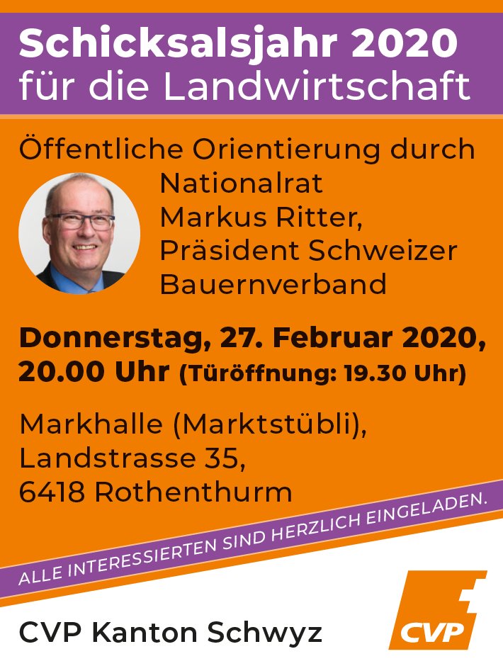 Nicht verpassen! Diesen Donnerstag spricht Nationalrat und Präsident des <a href="/sbv/">Schweizer Bauernverband</a> Markus Ritter über das Schicksalsjahr 2020 für die Landwirtschaft. #cvp #kantonschwyz #MarkusRitter #Pestizidinitiative #SauberesTrinkwasser #Landwirtschaft #CVPSchwyz #Trinkwasserinitiative