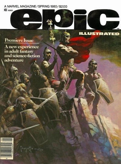 comicbookhist's tweet photo. Turning 40: EPIC ILLUSTRATED #1; cover dated Spring 1980.

By Lee, Buscema, Nebres, Veitch, Pini, Duranona, Larkin, Starlin, Orzechowski, Rue, Poscik, Blackshear, Ilic, Colon, Suydam, Bush &amp; Potts; cover by Frank Frazetta. @Marvel #marvelcomics https://t.co/qbyvIfiauQ