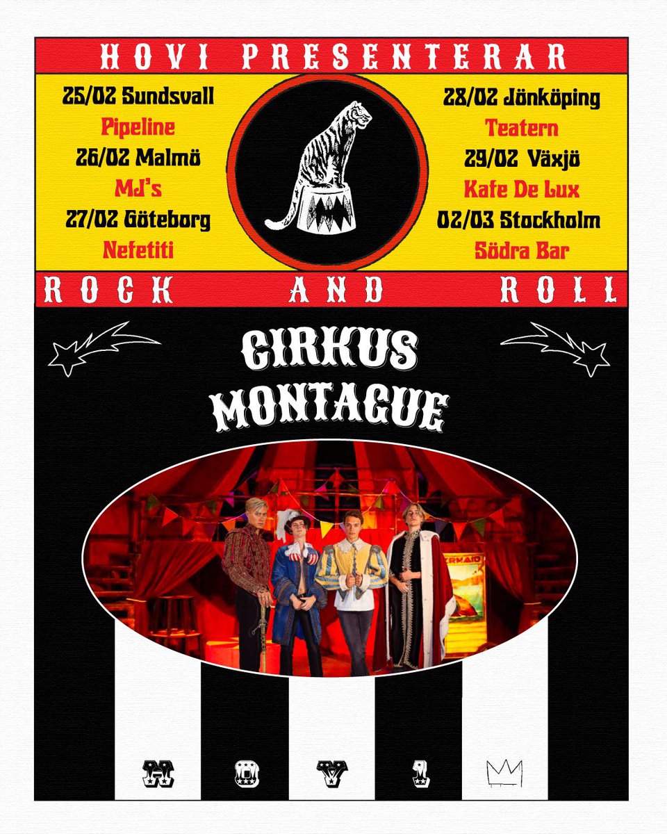 Vi gör 6 unika spelningar i 6 olika städer. Fri entré först till kvarn. Start IMORGON #CirkusMontague 

Åldersgränser:

13 Sundsvall 
18 Malmö 
18 Göteborg 
13 Jönköping 
18 Växjö