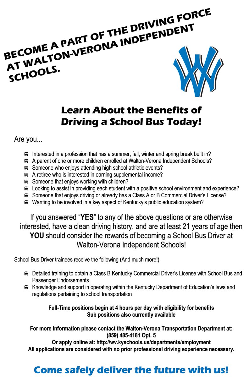 WVISTransport's tweet photo. Please Retweet!

WVISD currently searching for 2 full-time school bus drivers!

Contact the Transportation Department for more information at (859) 485-4181 opt. 5 or visit https://t.co/IazGXRCORl and apply today! https://t.co/GpJRM922Lp