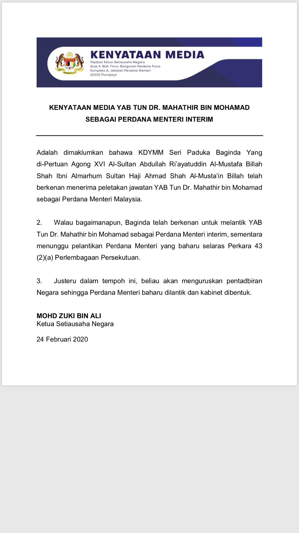 Melissa Goh On Twitter The King Has Accepted Dr Mahathir S Resignation And Appointed Him As Interim Pm To Administer The Country Till A New Pm Is Appointed And A Cabinet Is Formed