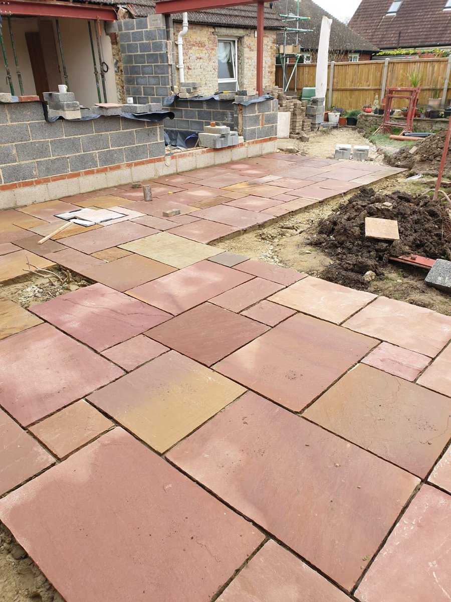 Laying Indian sandstone paving for a customer 😃It just needs pointing when the weather is better, getting sick of this rain now 🌧😣 #builders #kent #sandstonepaving