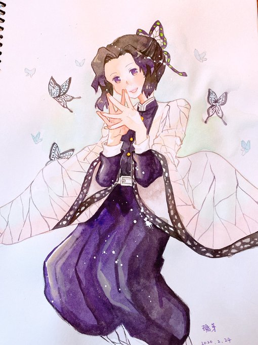 璃芽🦌さんがTwitterに投稿した胡蝶しのぶ(鬼滅の刃)のイラスト。