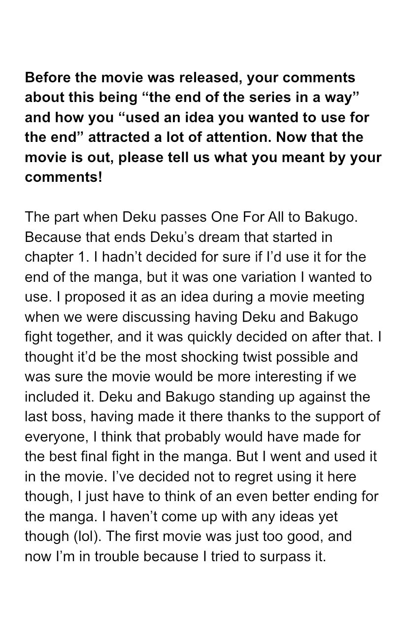 Ï½¼ï¾ï¾ï¾ï½½ï¾ï½¯ï½¼ï½­ On Twitter In The Volume R Interview Horikoshi Confirmed What He Meant By His Comments About Heroes Rising Being Like The Ending Of Mha And How He Used An Idea