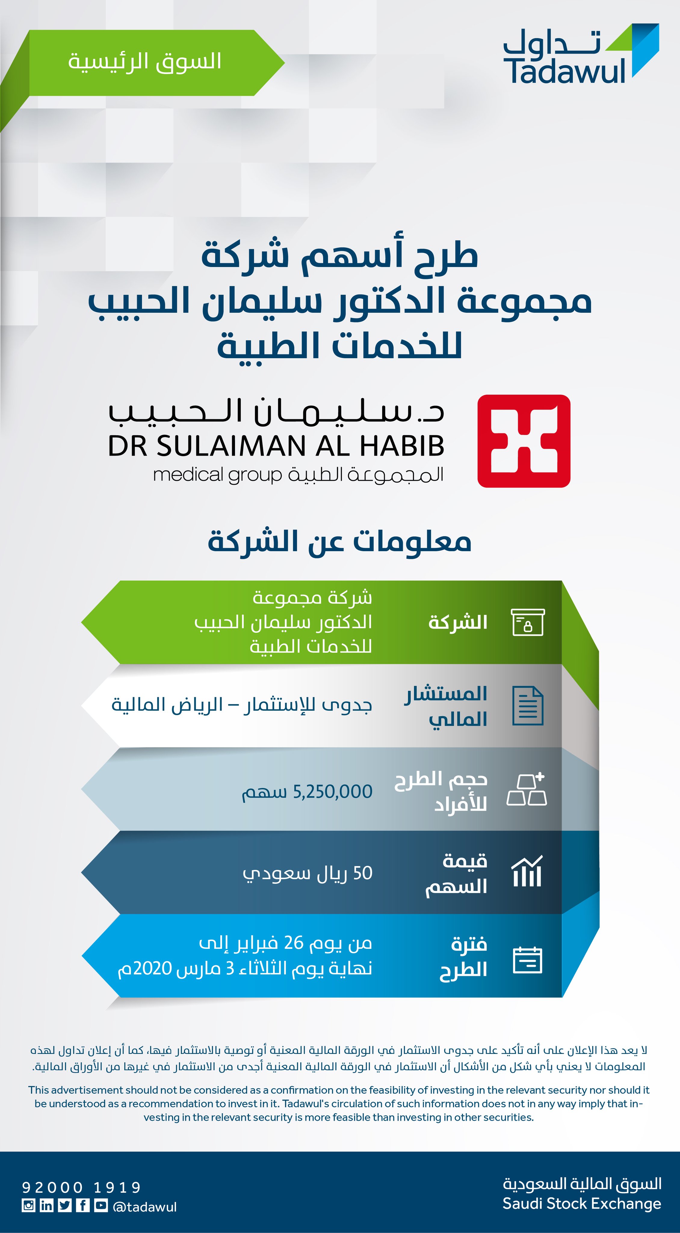 Saudi Exchange | تداول السعودية on Twitter: "يبدأ طرح أسهم شركة مجموعة  الدكتور سليمان الحبيب للخدمات الطبية يوم الأربعاء 26 فبراير 2020م في  #السوق_الرئيسية للاطلاع على نشرة الإصدار: https://t.co/wIpeer4Tmm  https://t.co/fQ4pZkOZOb" / Twitter