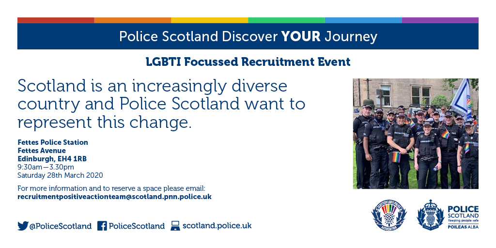 Considering a career as a 👮‍♂️👮‍♀️ ?

Hear from serving LGBTI police officers &amp; discover your journey towards a career in policing at our recruitment event on 28th March. 

➡️ ow.ly/DFGb50ysCaK

#LGBTHM2020